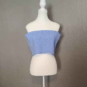 Zenana Outfitters Womens Blue Smocked Strapless Crop Top NWOT 3X